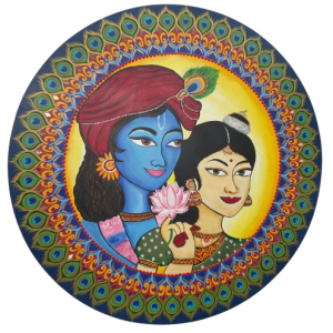 Mandala krishna e Radharani 90cm diâmetro – pintada a mão em MDF 6mm