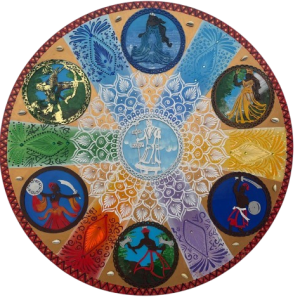 Mandala Sete Vibrações do Cosmos Sagrada dos Orixás 90cm com Oxalá centralizado e búzios na borda