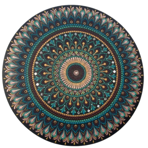 Mandala Proteção Força Interior e Renovação 65cm com fundo preto azul turquesa verde dourado rose gold e marrom