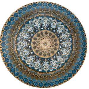 Mandala Portal da Abundância Infinita 65cm em- Obra de arte em pincel e pontilhismo azul, dourado e marrom com numerologia base 8.