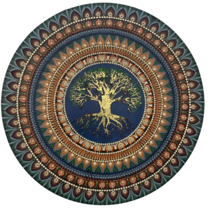 Mandala Árvore da Vida dourada de 80cm com fundo azul-marinho e detalhes em verde-floresta, terracota, vinho, creme e caramelo